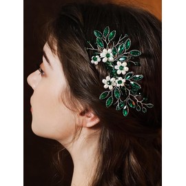 Missgrace Bride Flower Wedding Hair Side Comb Blue Pearl Hair Comb Rhinestone Crystal Headpiece Leaf Bridal Hair Accessories for Women