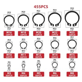 Circlip Set 455 Pieces Diameter 3-28 mm – Snap Ring Assortment E-Clips, C-Clips, Marine Safety Washers for Shafts