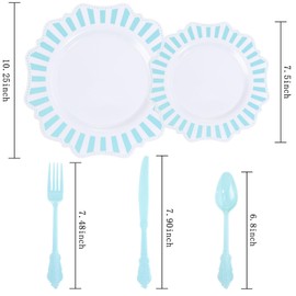 COLOSUS 150pcs Disposable Plastic Plates and Silverware set, Light Blue Printed Dinner/Dessert Plates silverware serve 30guests for Birthday Wedding Party and Daily use.