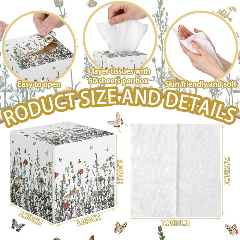 Fourluoo 12 Pack Fall Floral Facial Tissues Cube Boxes 600