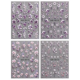 JMEOWIO 3D Embossed Flower Nail Art Stickers Decals Self-Adhesive 5D Spring Summer Floral Nail Supplies Nail Art Design Decoration Accessories 4 Sheets