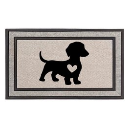 Outdoor Indoor Doormat 18" x 30" Gray/Beige/Black Rubber Backed Door Mat Cute Dachshund with Heart