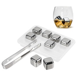 Reusable Ice Cube Stones, 8 Pieces Stainless Steel Cooling Stones with Free Tongs and Freezer Compartment Gin Ice Cubes Cooling Stones Tray Gift Sets for Christmas New Year Birthday
