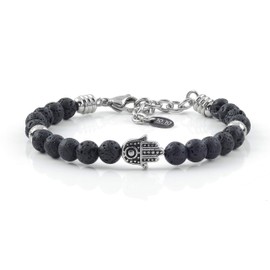 10:10 Bracelet made of hypoallergenic stainless steel, natural stone diameter 6 mm, hand of Fatima. Adjustable bracelet, made in Italy, Stainless Steel Stone