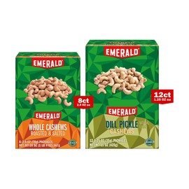 Emerald Nuts Combo (Variety Pack) Featuring Whole Cashews & Dill Pickle Seasoned Cashews | 20 Individually Wrapped Snack Pack Tubes | Kosher Certified, Non-GMO, Contains No Artificial Preservatives or Synthetic Colors
