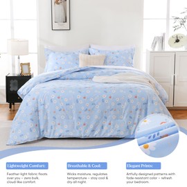 Yibeizi Queen Comforter Set, Cooling Lightweight Summer Bedding Comforter Sets, Blue Floral Cute Patterned Soft Breathable All-Season Comforters with 2 Pillow Shams