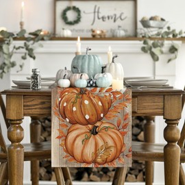 Artoid Mode Orange Polka Dot Pumpkin Eucalyptus Wood Fall Table Runner, Seasonal Autumn Kitchen Dining Table Decoration for Home Party Decor 13x36 Inch