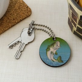 Bass Fish Jumping Out of Water Fishing Wood Wooden Round Keychain Key Chain Ring