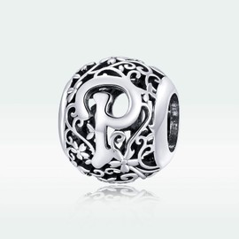 Shining Charm Letter Initial P Alphabet Beads Round Flower 925 Sterling Silver Charms for Bracelets