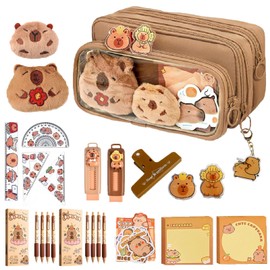 Capybara Pencil Case,Cute Detachable Pencil Case Aesthetic,Large Capacity Multi-Layer Zipper Pouch with Pens,Stickers,Capybara Stationery School Supplies (Capybara School Supplies with Pens)