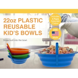Arrow Home Products Sip-A-Bowl Set, 22oz, 4pk - BPA Free Straw Bowls for Kids To Sip Up Every Drop Without the Mess - Made in the USA, Great for Cereal, Ice Cream, Soup, Milk - Assorted Colors