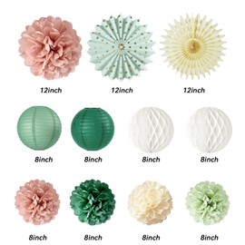 Sage Green and Dusty Pink Birthday Decorations-Sage Pink Paper Pom Poms Lanterns,Neutral Beige Paper Fans for Women Girls Wedding Bridal Shower Boho Rustic Baby Shower Party Decor