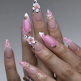 Spring Press on Nails Medium Almond Fake Nails with 3D Pearl Shell Charms Designs French Tip Nails Press ons Flower Acrylic Nails Pink False Nails Nude Stick on Nails for Women 24Pcs