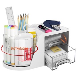 Desk Organizer with Drawer,Rotating Pen Holder,Desk Organisers Accessories,Versatile Desk Tidy, Makeup Brushes Organizer,Vanity Table,Desktop Stationery Box Storage for Home Office Supplies