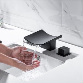 BANGPU Waterfall Bathroom Faucet 3 Holes Sink Faucet Widespread 8 Inch Bathroom Vanity Sink Faucet 2 Handles Brass Basin Faucet Mixer Taps with Supply Hoses, Matte Black