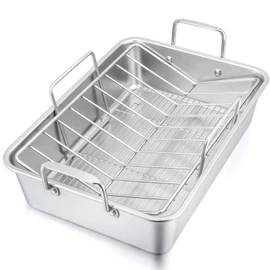 P&P CHEF 16" Roaster Roasting Pan with Baking Rack and V-shaped Rack, Stainless Steel Rectangular Lasagna Pan with Handles for Turkey Chicken, Healthy & Dishwasher Safe, 3 Pieces, Silver