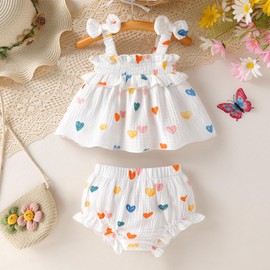 CBHAIBLYD Infant Toddler Baby Girl Summer Cotton Clothes Strap Ruffle Smocked Top and Shorts 2Pcs Outfit Clothing Set(White,12-18M)