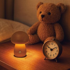 SAKSIAPRO Mushroom Lamp, Rechargeable Touch Control Mushroom Night Light, Portable Dimmable Wooden Lamp for Kids Room, Bedroom, 3.9" H