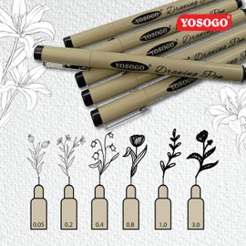 Yosogo Drawing Pen for Artist - Set of 12 Fineliner and Brush Tips (0.03mm, 0.05mm, 0.1mm, 0.2mm, 0.3mm, 0.04mm 0.5mm,0.8mm, 1.0mm, 2.0mm, Brush Pen)