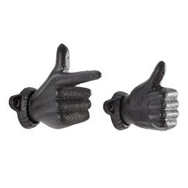 Danya B. "Thumbs up & Pointing Finger" Dark Brown Cast Iron Wall Mount Hook Set (Set of 2), Entryway Hooks or Unique Room Decor for Hanging Coats, Purses, Scarves, or Keys