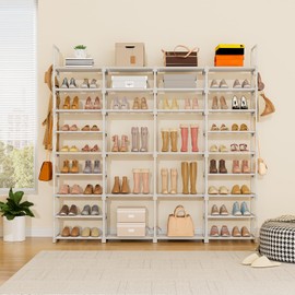 ROJASOP Large Shoe Rack Organizer for Entryway Closet 64-68 Pairs 9-Tier Heavy Duty Tall Garage Shoe Rack Shoe Shelf Shoes Storage with 18 Pcs Removable Side Hooks for Bedroom and Garage White