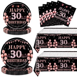 62Pcs 30th Birthday Decorations for Girls Her, Rose Gold Birthday Party Supplies Include 20 7''Plates 20 9'' Plates 20 Napkins and 2 Tablecloth, Rose Gold Princess Party Tableware for 20 Guests