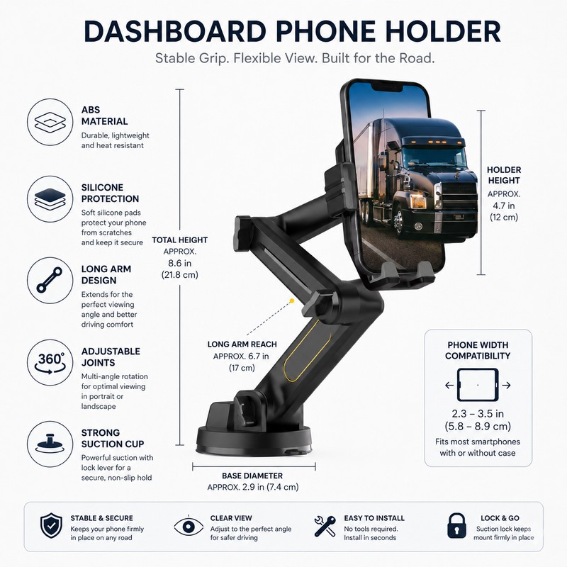 Long Arm Truck Phone Holder for Dashboard and Windshield –