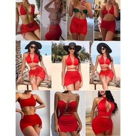 AI'MAGE 2 piezas para mujer, para playa, pareo corto, de gasa, con cordón, fruncido, S-XXL, Negro y rojo, M