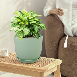 WSMKSZ Large Plant Pots 12/10/9 inch, Set of 3 Modern Decorative Plastic Planters with Drainage Holes and Saucers, Flower Pots for Indoor Outdoor Plants, Green