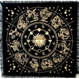 INDIAN CRAFT CASTLE Altar Cloth Alter Tarot Witchery Supplies Celtic Tarot Cards Table Napkins Witchcraft Black Gold Tablecloth Spiritual Celestial Deck Cloth with Fringes (Zodiac Gold, 18X18 Inches)