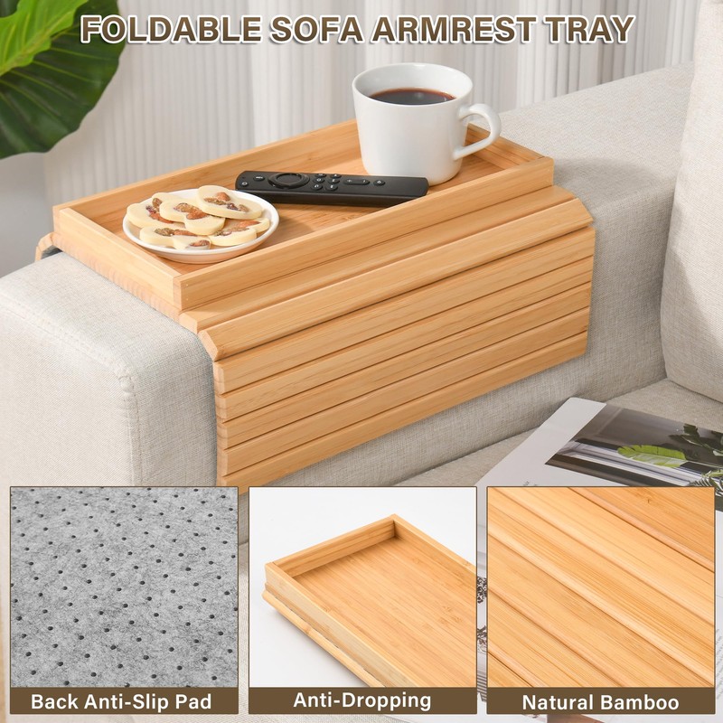 YUBAMIN Bamboo Sofa Arm Tray, Anti-Dropping Couch Arm Tray, Foldable