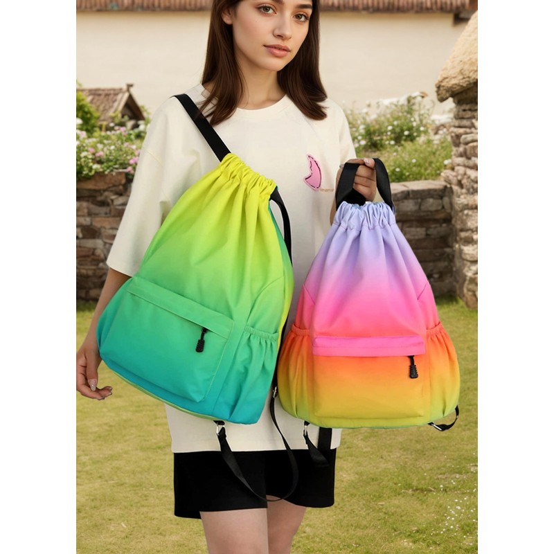 Drawstring Backpack Bag with Front Pocket Waterproof Oxford Cloth, Lightweight