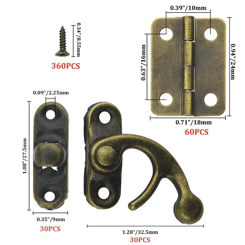 WMYCONGCONG 90pcs Small Hinge Buckle Latches 60pcs and 27x32mm Antique