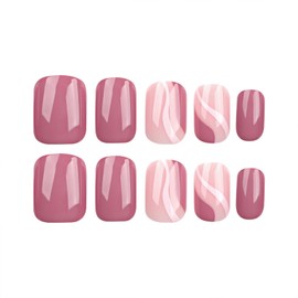 SINHOT Square Press on Nails Medium Squoval Fake Nails Pink Acrylic Nails Glossy Glue on Nails White Stripes Artificial Nails Stick on False Nails with Design 24 pcs