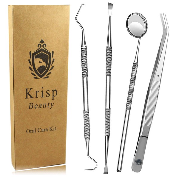 Dental Tools Set - Professional Stainless Steel Krisp Beauty 4 Pc Dental Pick Tartar Remover Plaque Scraper Probe Scaler Mouth Mirror Oral Hygiene Care Dentist Teeth Cleaning Kit for Adults, Kids, Pet
