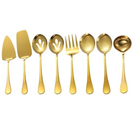 Gold Serving Utensils,8 Pcs Stainless Steel Serving Set with Serving Spoons,Serving Fork,Soup Ladle,Lasagna Server,Pie Server,Polished Serving Utensil Set for Buffet Parties Home,Dishwasher Safe