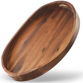 TIDITA Acacia Oval Wooden Serving Tray with Handless - 16.5" x 13" Ottoman Table Oval Wooden Tray - Round Serving Tray - Ottoman Tray for Living Room, Coffee Table Decor, Serving Platter, Walnut color