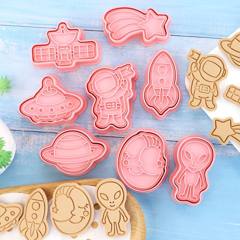 Crethinkaty Space Cookie Cutter-8 Plastic Cookie Stamp-Space Cartoon Fun Cookie