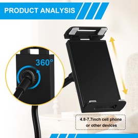 Kanayu Phone Stand for Desk, Gooseneck Cell Phone Holder Flexible Lazy Long Arm Phone Mount Universal 360 Degree Adjustable Phone Clamp Clip for Table, Bedside Accessories (Black,Flat)