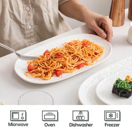 Oval Serving Platter, 14"/12"/10" Ceramic Serving Platters, Embossed White Serving Plates, Stackable Porcelain Tray for Appetizer, Dessert, Pasta, Sushi, Oven Dishwasher Safe, Set of 3, Family Dining
