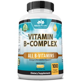 NaturaLife Labs Vitamin B Complex with Vitamin C and Folic Acid - B12, B1, B2, B3, Vitamin B5 Pantothenic Acid, B6, B7, B9 - Nervous System Support 100 Veggie Capsules