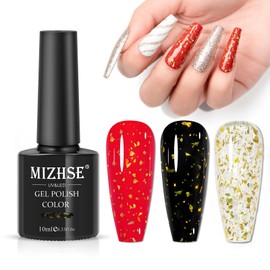 MIZHSE Gold Glitter Top Coat Gel Nail Polish, Glitter Nail Gel Polish Sparkle Shiny Christmas Soak Off U V LED Nail Gel for Nail Salon & Home DIY Manicure 1PC 10ml