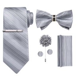 DiBanGu Mens Silk Tie and Bowtie Lapel Pin Tie Clip Set Paisley Solid Necktie and Pocket Square Cufflinks for Wedding Party, Silver Grey