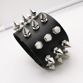 Seaberila Unisex Black Metal Spike Studded Cuff Bracelet Punk Rock Biker Wide Leather Bracelet