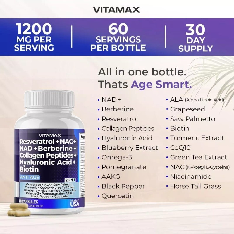 Vitamax Anti Age - Resveratrol NAD+ Berberine Hyaluronic Acid -