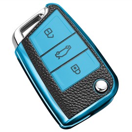 Misuyue Autoschlüssel Hülle für V-W Golf 7 Mk7 Polo MK6 Touran Tiguan Tarraco T-Roc Seat Leon Cupra Ibiza Skoda Octavia Superb Kodiaq, 3 Tasten Autoschlüssel Schutzhülle aus Leder und TPU (Blau)