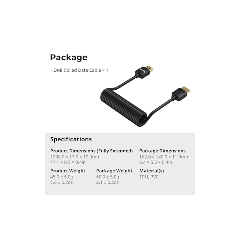 SmallRig Cable HDMI 2.0 Espiral 4K@60Hz 18Gbps