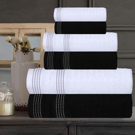 CASA COPENHAGEN Elegance 6 Pieces Towel Set- Dark Black + White, 550 GSM 2 Bath Towel 2 Hand Towel 2 Washcloth, Designed in Denmark Made of Soft Egyptian Cotton for Bathroom, Kitchen and Shower
