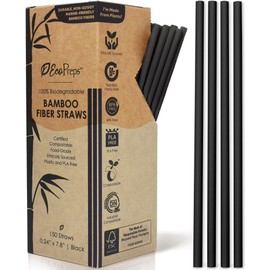 EcoPreps Black Bamboo Fiber Biodegradable Straws, 100% Compostable, Plastic-Free, Eco-Friendly Drinking Straws | 8'' Plant Fiber Disposable Straws, Durable for Hot & Cold Drinks (7.8” - 150 Straws)