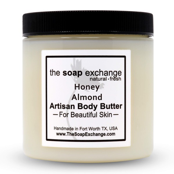 The Soap Exchange Body Butter - Honey Almond Scent - Hand Crafted 16 fl oz / 480 ml Natural Artisan Skin Care, Shea Butter, Aloe Vera, Nourish, Moisturize, & Protect. Made in the USA.